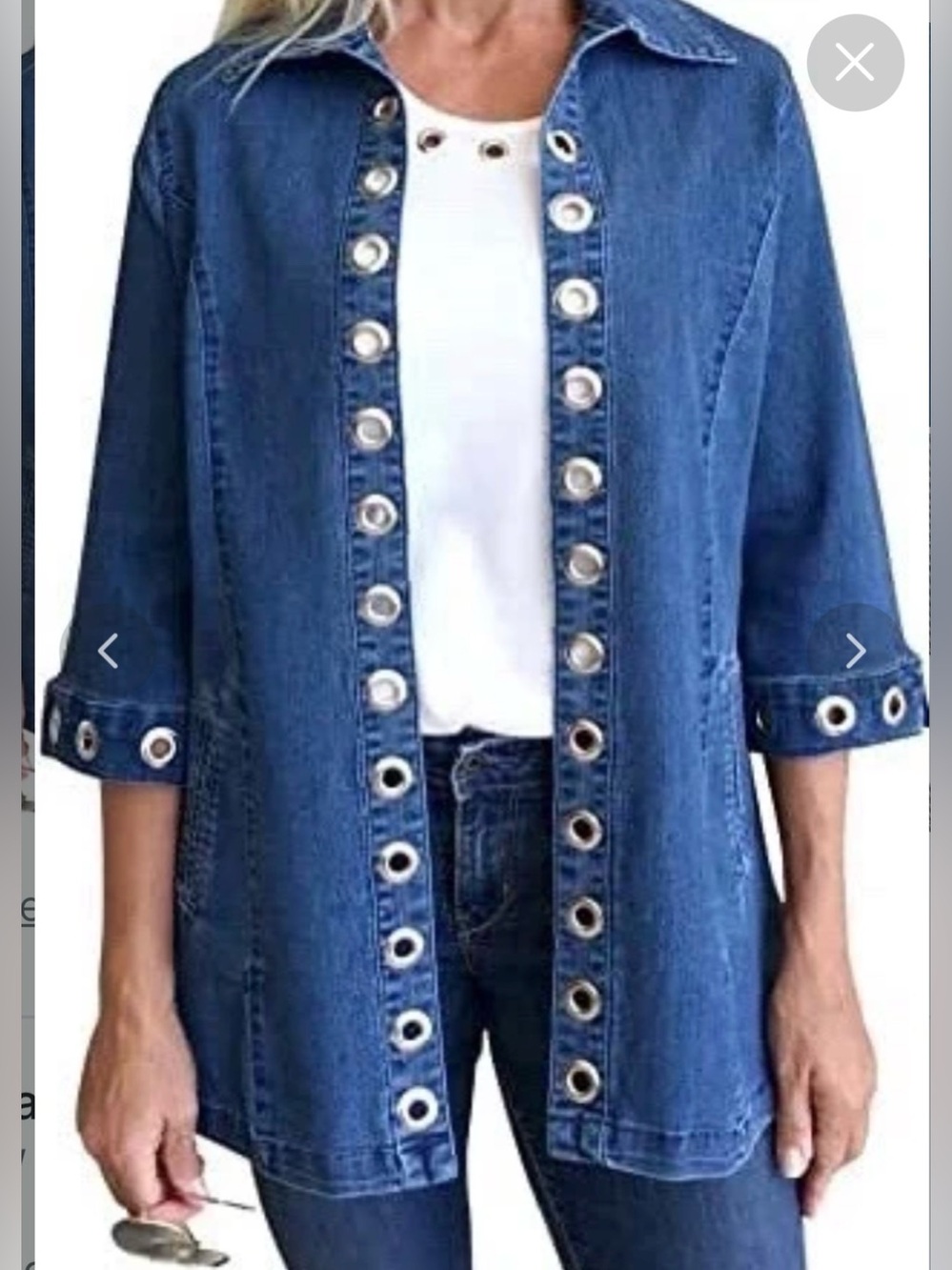 Tia  size 3X and matching white top
Blue Denim Jean Jacket 
with Grommet Trim